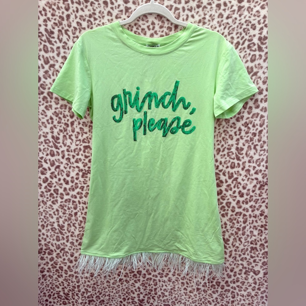 Why Dress “Grinch, Please” Mini Dress NWT Size Small Fringe Hem Holiday Graphic
